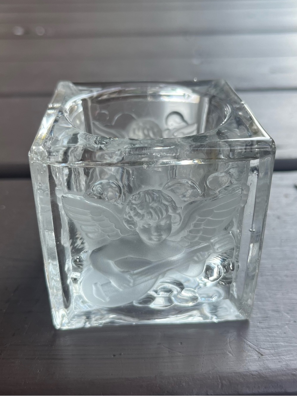 Vintage Frosted Glass Cherub Playing Lute Square Candle Holder Whimsy Ethereal